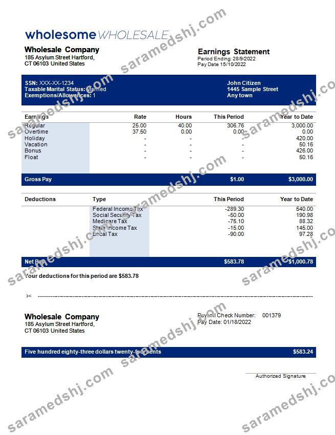wholesale company payroll template in Word and PDF formats